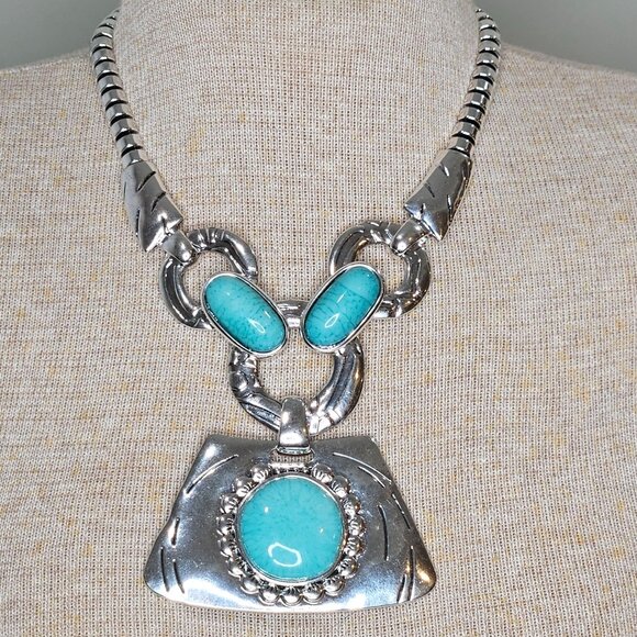 Navajo Style Statement Necklace Faux Turquoise Silvertone 20" Long Boho - Picture 2 of 7